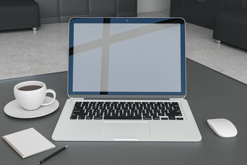 Creative designer desktop with empty laptop