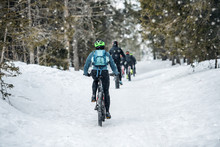 Rear View Of Mountain Bikers Riding On Road In Forest Outdoors In Winter.