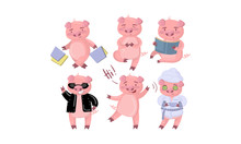 Cute Humanized Pink Pig In Different Situations. Vector Illustration.