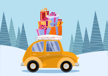 Flat Cartoon Illustration Of Retro Car With Presents, Christmas Tree On Roof. Little Yellow Car Carrying Gift Boxes. Vehicle Car Side View. Winter Snowy Forest .Flat Cartoon Style Illustration.