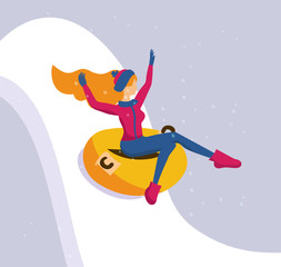 Flat illustration of a long-haired slim girl slides off a snow slide on a tubing holding her arms up. Snowing. Young sexy woman in hat sledging at inflatable tube, snowtubing outdoors in winter