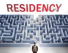 Residency Can Be Hard To Get - Pictured As A Word Residency And A Maze To Symbolize That There Is A Long And Difficult Path To Achieve And Reach Residency, 3d Illustration
