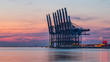 © tonyv3112 - Row of container terminal cranes at red colored sunset in Port of Antwerp, Belgium