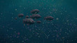 fish swarm swimming through plastic pollution, micro plastic particles in ocean water