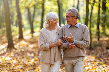 Wall Mural - Happy senior couple in autumn park