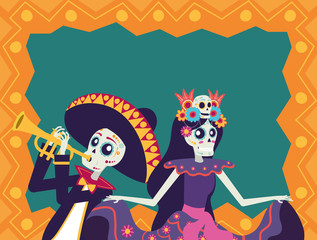 Wall Mural - dia de los muertos card with mariachi playing trumpet and catrina