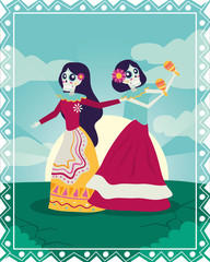 Wall Mural - dia de los muertos card with catrinas playing maracas characters