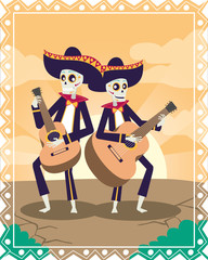 Sticker - dia de los muertos card with mariachis skulls playing guitars