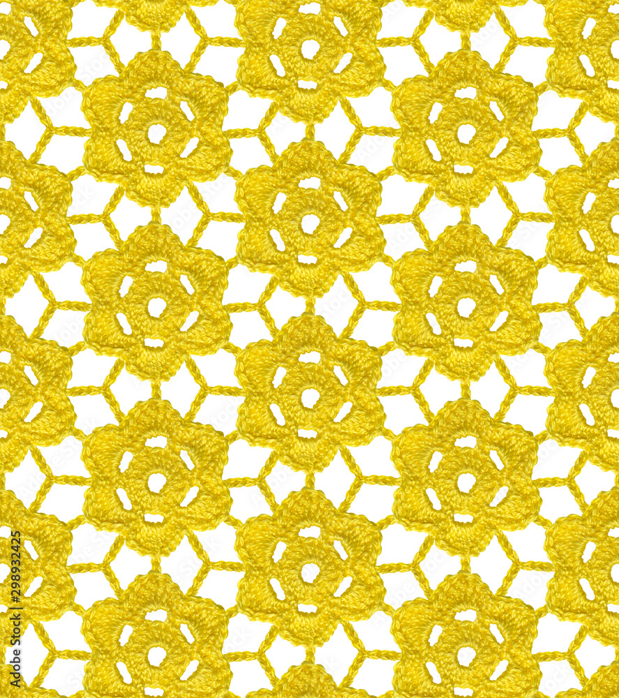 Seamless Irish lace pattern. Crochet. Yellow yarn. Knitted flowers on a ...