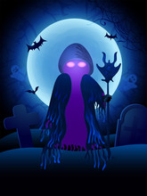 Halloween Ghost Glowing Eyes And Magic Stick On His Hand And Dark Castle On Blue Moon Background, Illustration.with Flying Bats And Ghosts.