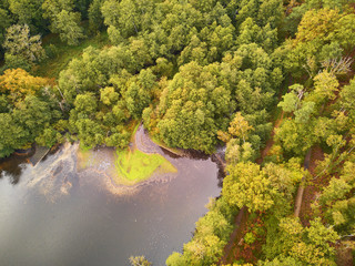 Scenic aerial view of a lake in autumn forest in northern France