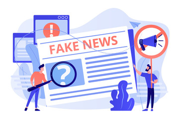 Wall Mural - False information broadcasting. Press, newspaper journalists, editors. Fake news, junk news content, disinformation in media concept. Pink coral blue vector isolated illustration