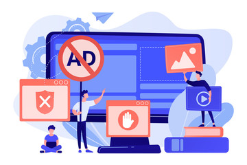 Programmer developing anti virus program. Banned Internet content. Ad blocking software, removing online advertising, ad filtering tools concept. Pink coral blue vector isolated illustration