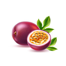 Vector Realistic Passionfruit With Seed Green Leaf