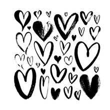 Heart Sketch Collection. Hand Drawn Rough Brush Hearts Isolated On White Background.