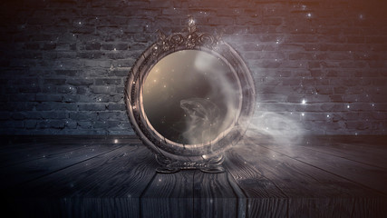 Wall Mural - dark fantasy mystical landscape. dark forest, magic mirror. night view, smoke, smog, neon light, moo