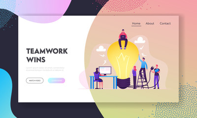 Wall Mural - teamwork, searching idea website landing page. business people stand at huge turned off light bulb h