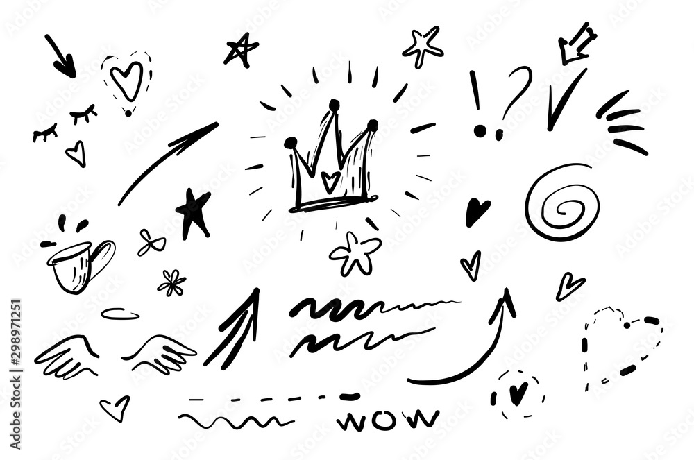 Hand drawn doodle swishes, swoops, emphasis vector set. Collection of black and white highlight text elements, calligraphy swirl, tail, flower, heart, graffiti crown. - obrazy, fototapety, plakaty 