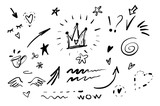 Fototapeta Fototapety dla młodzieży do pokoju - Hand drawn doodle swishes, swoops, emphasis vector set. Collection of black and white highlight text elements, calligraphy swirl, tail, flower, heart, graffiti crown.