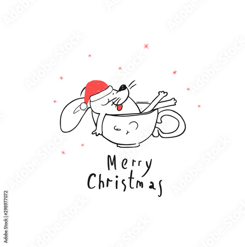 Merry Christmas And Happy New Year Greeting Card 2020 Funny White Santa Claus Mouse Or Rat Takes Bath In A Cup Comic Animal Cartoon Black And White Illustration Buy This Stock