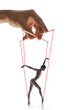 © master1305 - Woman like a puppet in somebodies hands on white background. Concept of unfair manipulation, phycology of exploitation, mental technique, motivation. Puppets and their masters. Possessive relationship