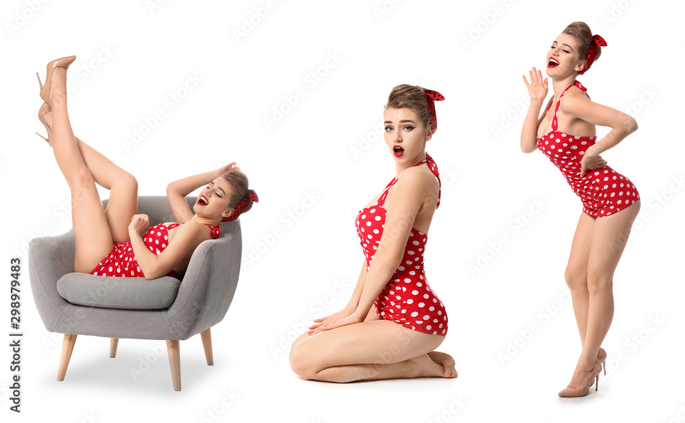 Collage with beautiful pin-up woman on white background - obrazy, fototapety, plakaty 