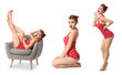 Collage with beautiful pin-up woman on white background