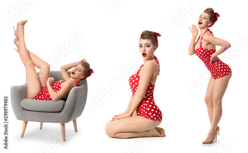 Fotografía Collage with beautiful pin-up woman on white background