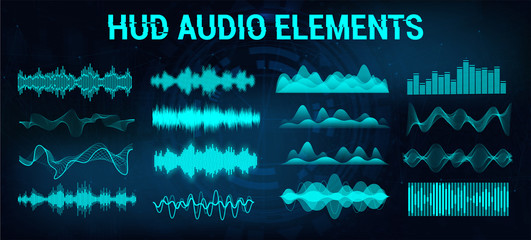 Aufkleber - Set audio equalizer in futuristic style HUD, concept tech sound wave. Microphone voice control technology, voice and sound recognition.  Music waves, equalizer bar. Vector illustration