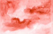 Bright Expressive Deep Red And White Wet Watercolor Texture Background, Wash Technique. Modern Creative Ink Illustration For Decoration, Abstract Blood Concept, Passion Clouds