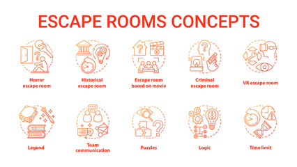 Wall Mural - Escape room red gradient concept icons set. Quest types idea thin line illustration. Strategy logical game collection. Puzzles and riddles solving pack. Vector isolated outline drawing