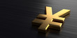Golden yen sign lies on a dark chrome background. 3d rendering illustration