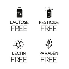 Sticker - Product free ingredient glyph icons set. No lactose, pesticide, lectin, paraben. Non-chemical pharmaceuticals. Dietary without allergens. Silhouette symbols. Vector isolated illustration