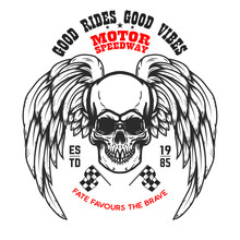 Custom Motorcycles .Poster Template With Winged Skull. Design Element For Poster, Flyer, Card, Banner.