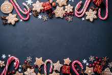 Christmas Background, Celebration, New Year's Eve Party Concept. Beautiful Embellishments, Homemade Gingerbread Cookies And Decorations, Festive Food