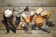Set For Male Shaving On Wooden Background