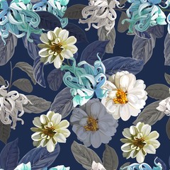 Wall Mural - Zinnia and Cananga flower seamless pattern on purple background