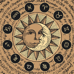 Wall Mural - Vector circle of the Zodiac signs in retro style with icons, decorated with hand-drawn sun and crescent moon in black and beige colors. Banner with old manuscript in retro style written in a circle.