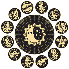Wall Mural - Vector circle of the Zodiac signs with Sun and crescent Moon. Horoscope circle with twelve symbols in antique style for astrological forecasts