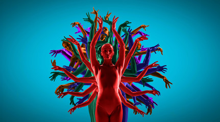 The group of modern ballet dancers like a bright tree. Contemporary art ballet. Young flexible people in tights. Copyspace. Concept of dance grace, inspiration, creativity. Made of shots of 5 models.