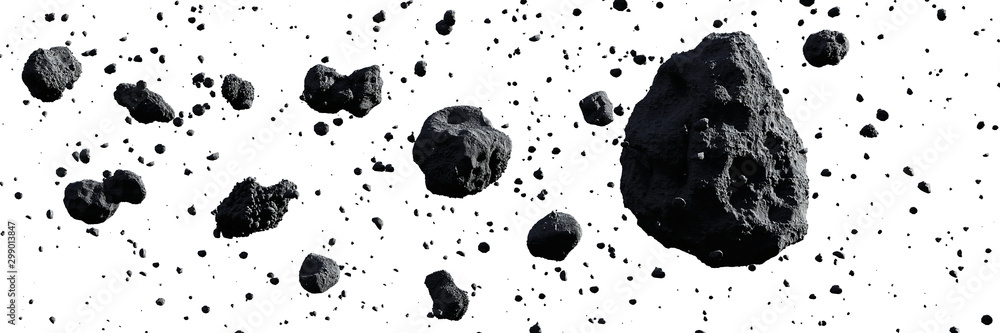 swarm of asteroids isolated on white background - obrazy, fototapety, plakaty 