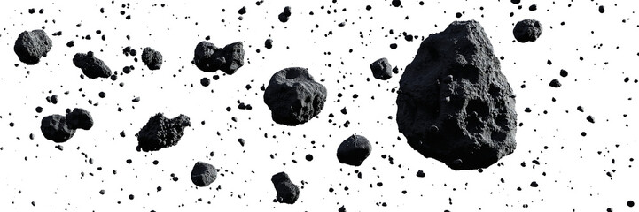 swarm of asteroids isolated on white background