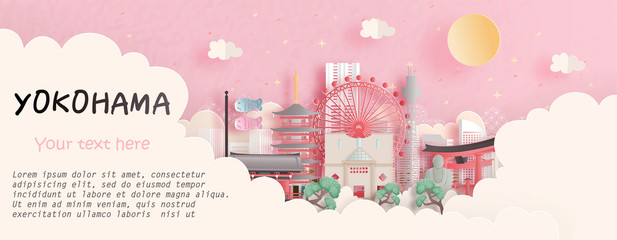 Fototapete - Tour and travel advertising, postcard, panorama poster of world famous landmark of Yokohama, Japan in paper cut style vector illustration.