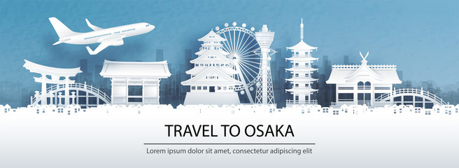 Wall Mural - travel advertising with travel to osaka concept with panorama view city skyline and world famous lan