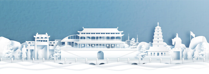 Wall Mural - panorama view of xian skyline with world famous landmarks of china in paper cut style vector illustr