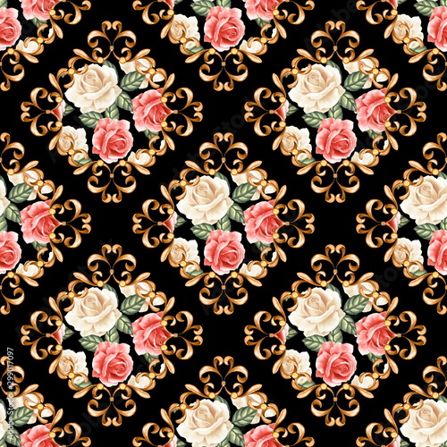 Seamless pattern with golden curls. Roses and baroque background