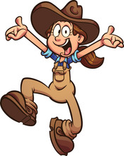 Cartoon Happy Farmer Girl Jumping Up Clip Art. Vector Illustration With Simple Gradients. All In A Single Layer. 