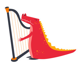 Crocodile playing harp, animal musician, childish cartoon character