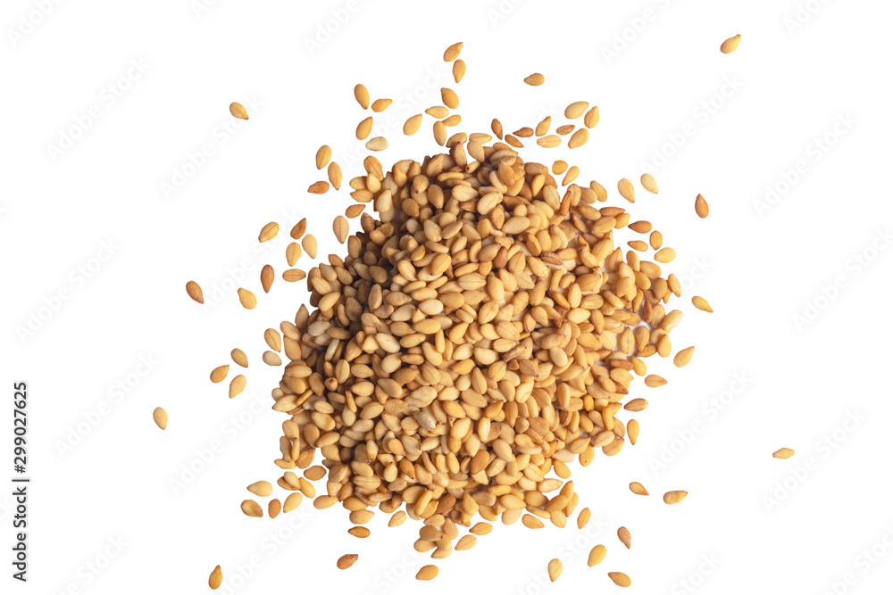 Macro shot of a raw white sesame seed isolated on white background. Top view. Food Background. A scattering of sesame seeds. Healthy food. Natural food. - obrazy, fototapety, plakaty 