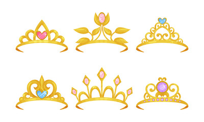 Wall Mural - Golden Tiaras With Gemstones Vector Isolated On White Background Set